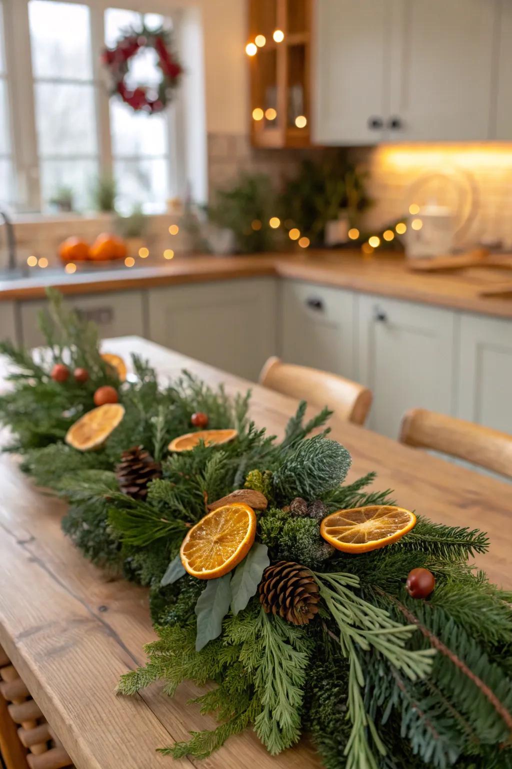 A festive cascade with dried oranges in a warm cooking area.