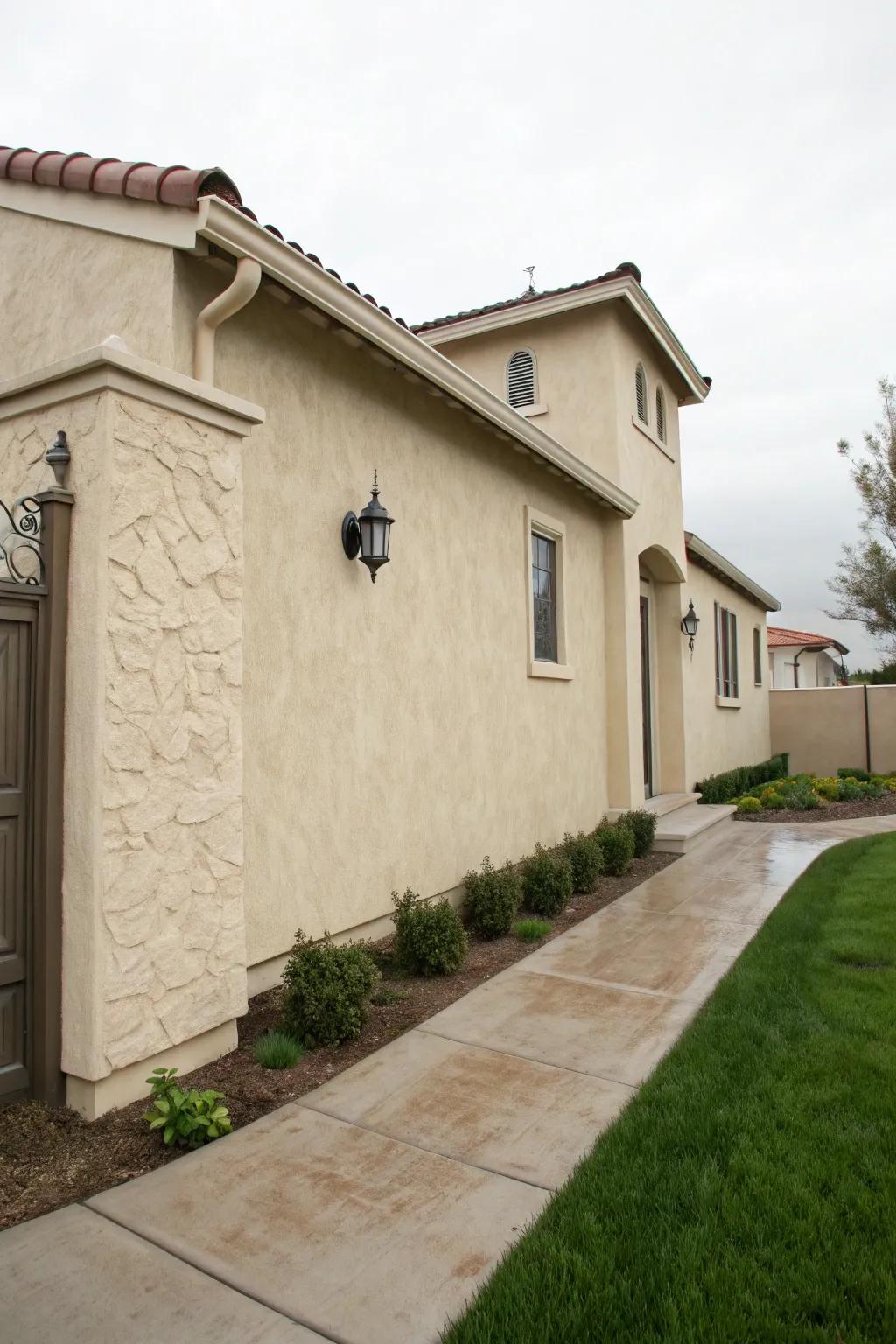 Stucco feels provide a timeless and elegant building front finish.