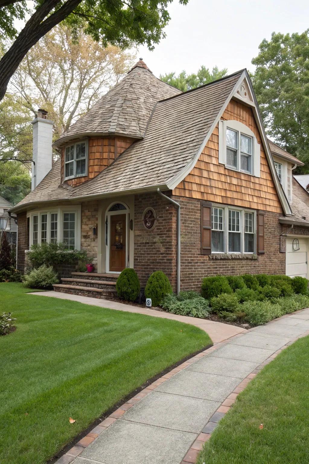 Half-round shingles adding a unique texture.