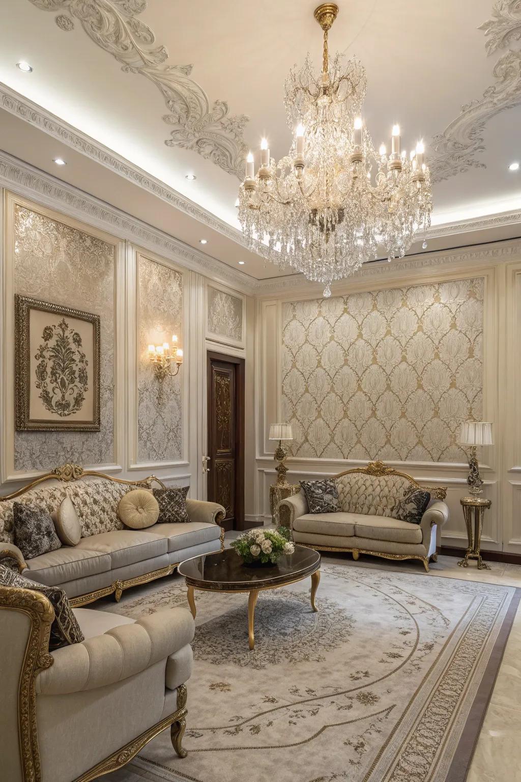 Elegant damask patterns in fabric wallpaper offer a royal touch.