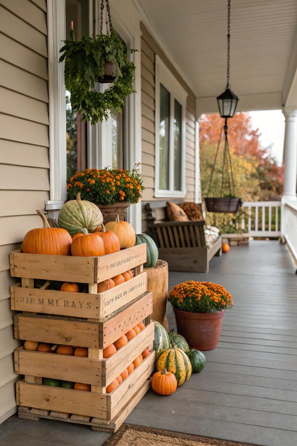 Apple boxes filled with autumn goodies craft a charming harvest display.