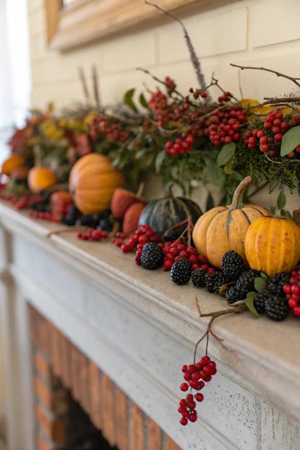 An autumnal mantel adorned with drupes and squashes.