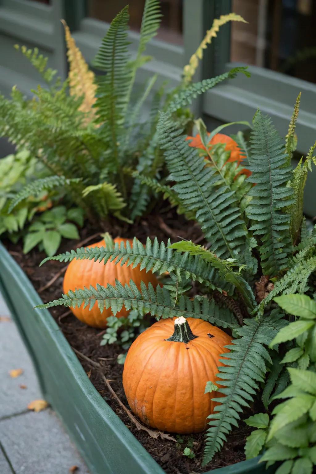 Frond strands deliver a revitalizing contrast to gourds.
