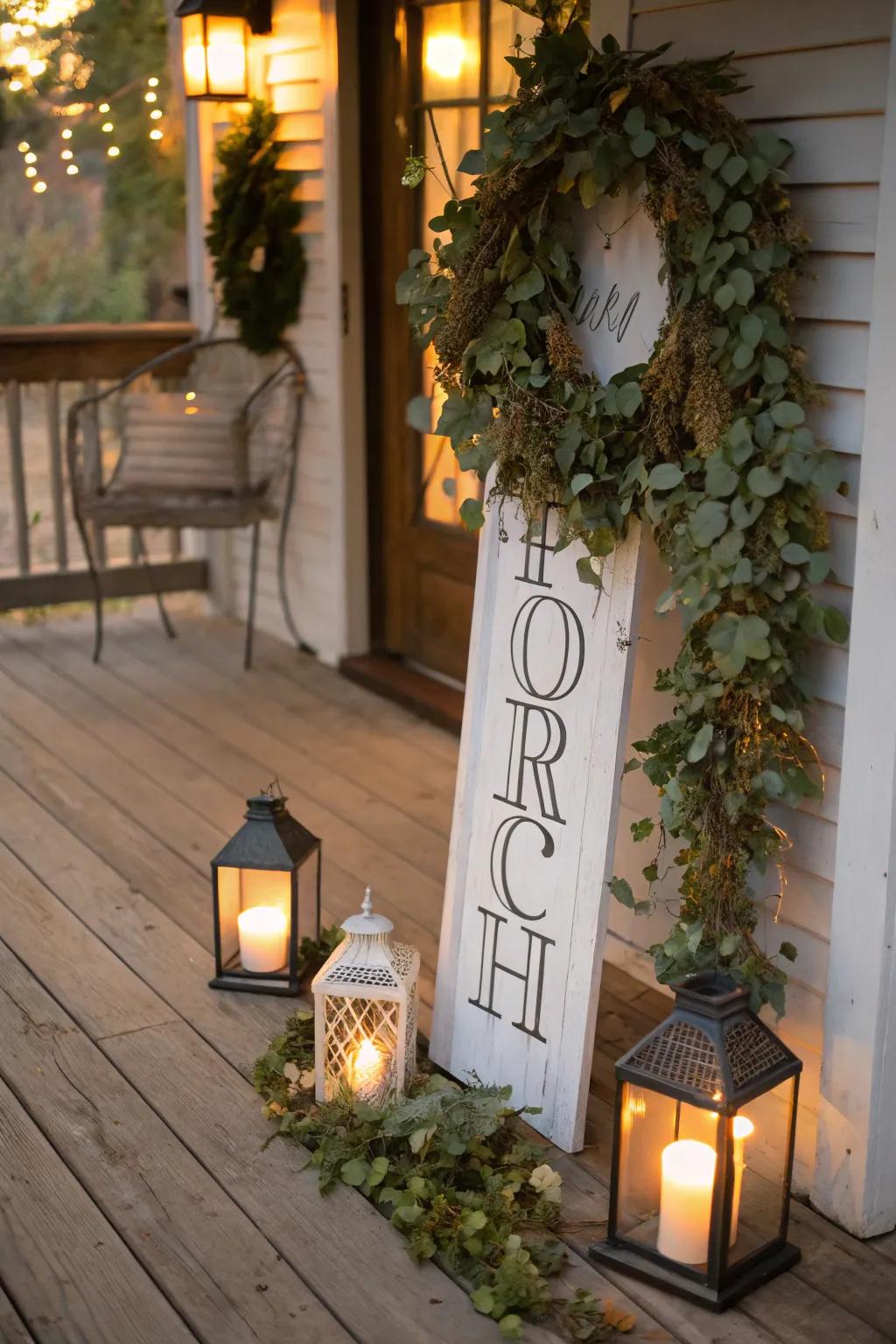 Create a welcoming glow with lights and a leafy wreath.