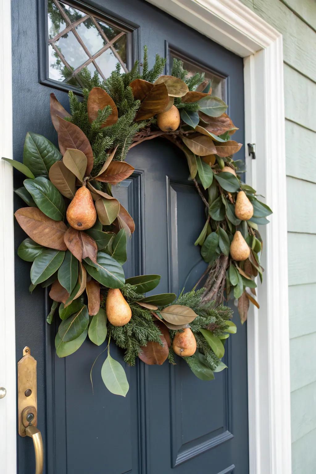 Exotic bloom leaves and pears contribute sophistication to your fall decor.