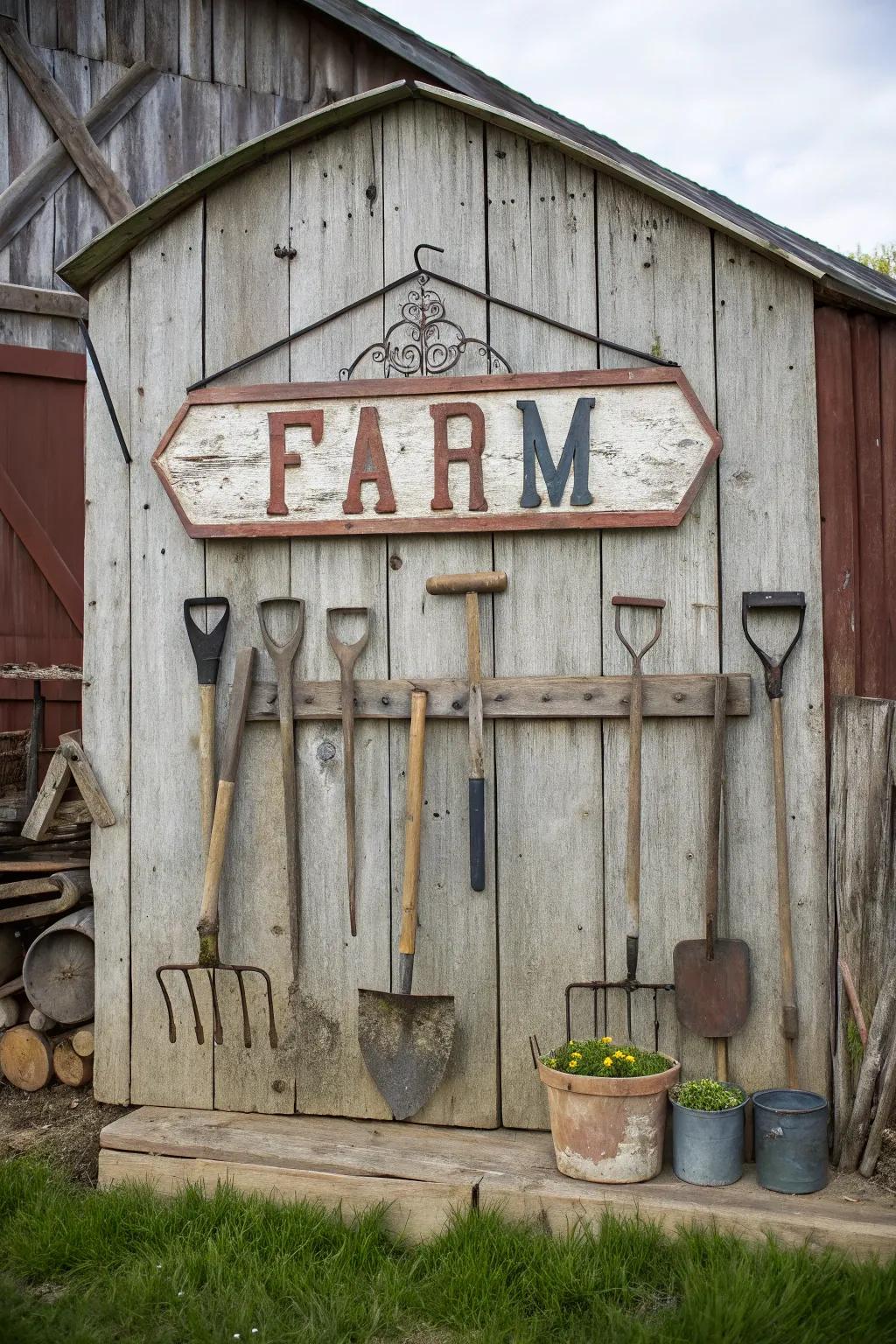 A tribute to farm heritage through implements integrated into the marker’s design.