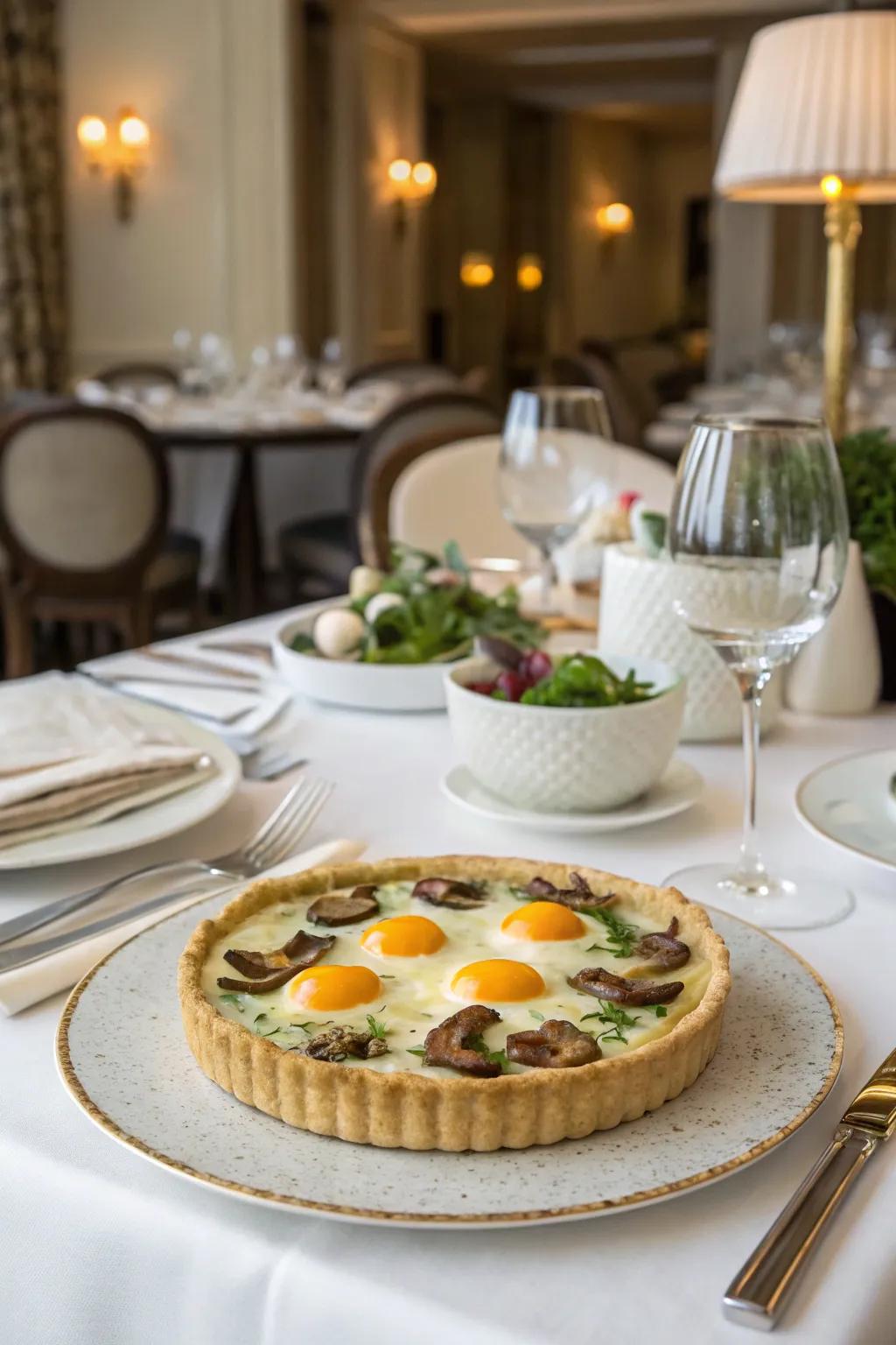 Eggs and mushroom tart makes for an elegant and gourmet presentation.