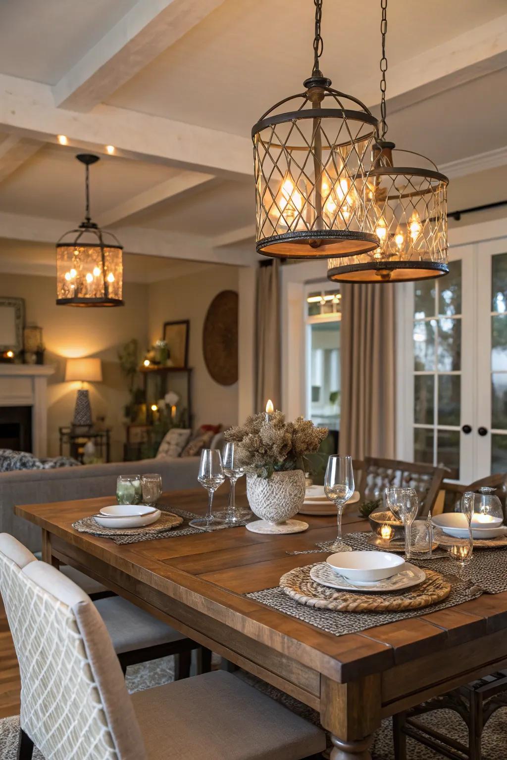 Varied material fixtures provide a balanced and eclectic aesthetic.
