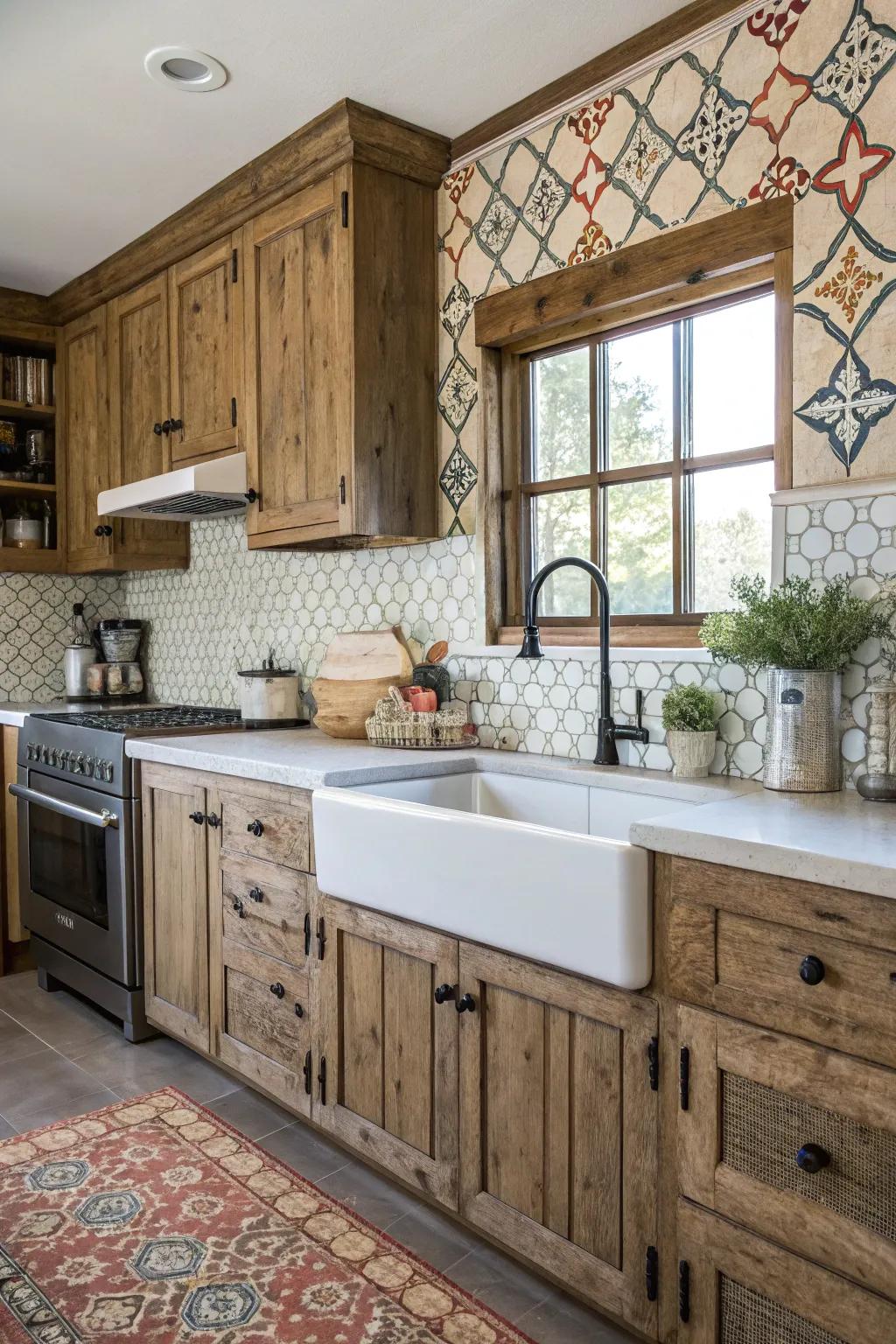 A farmhouse kitchen featuring a patterned tile backing.