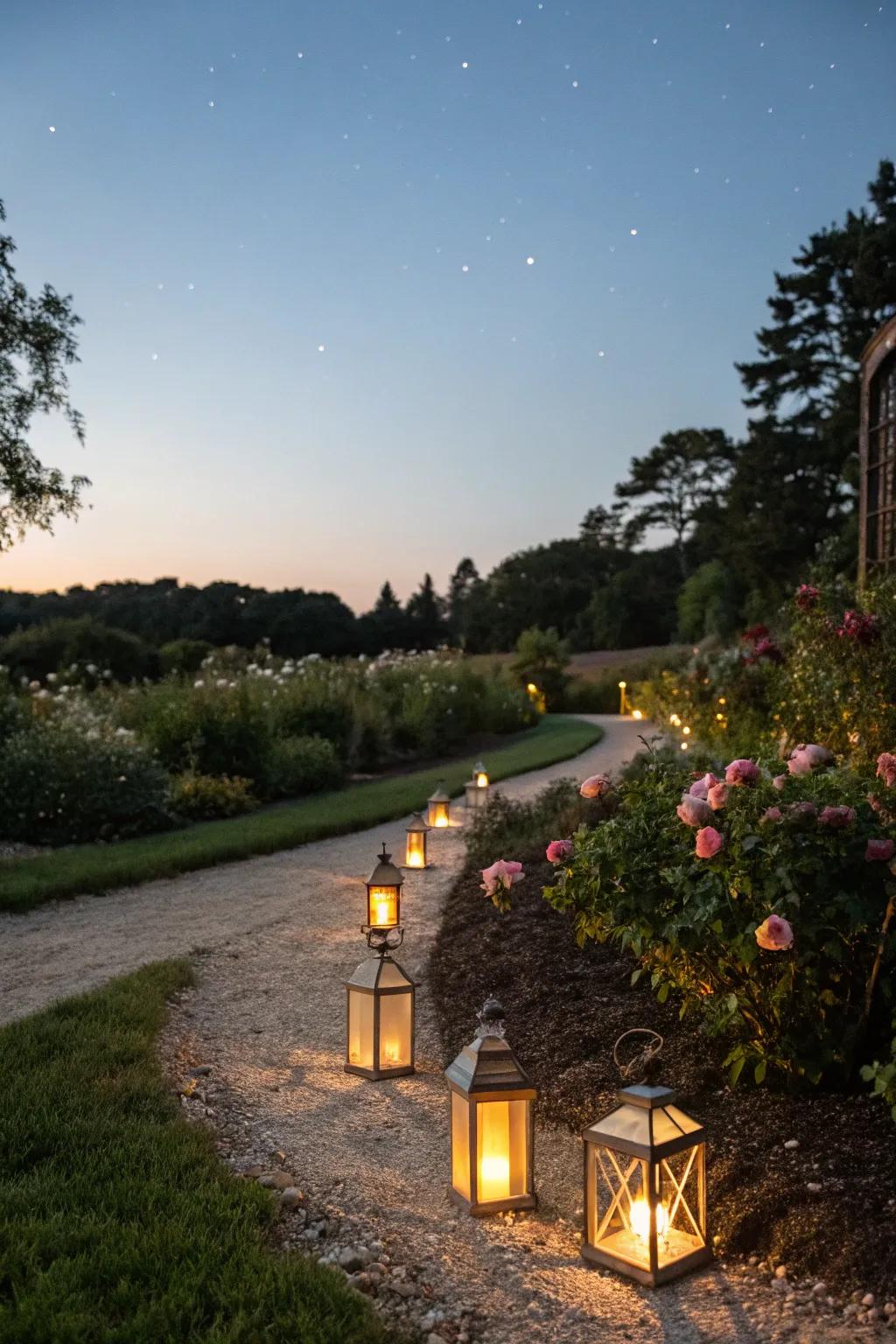 Lanterns beautifully illuminate garden paths.