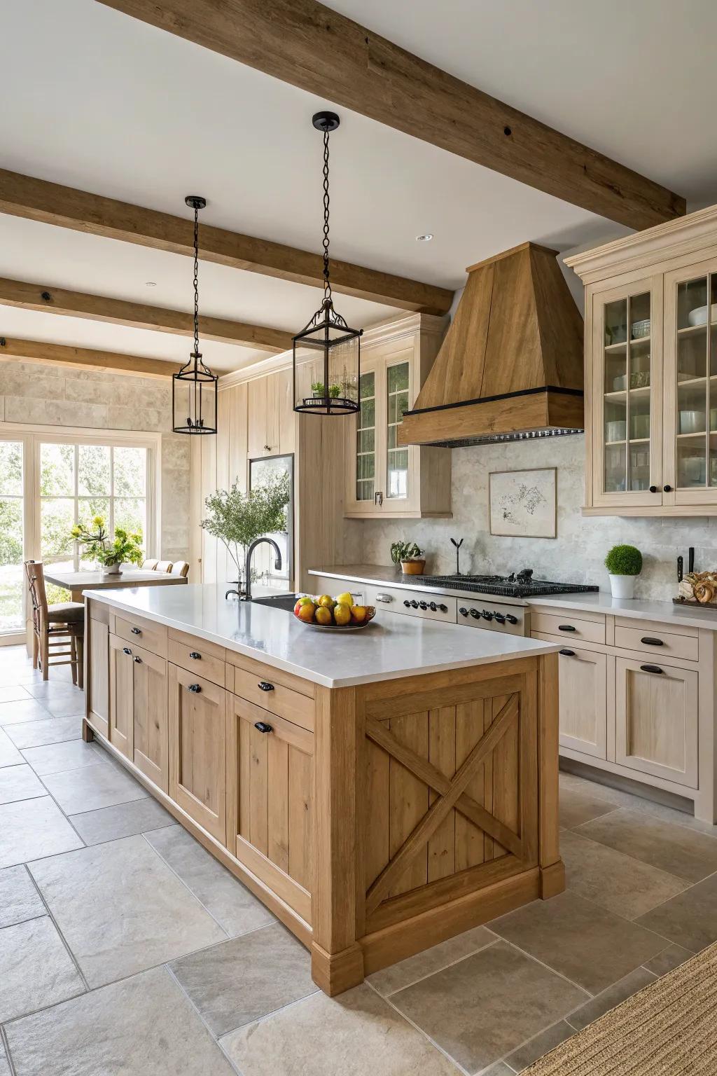 A statement island enhances the design of a kitchen with light wood cabinets.