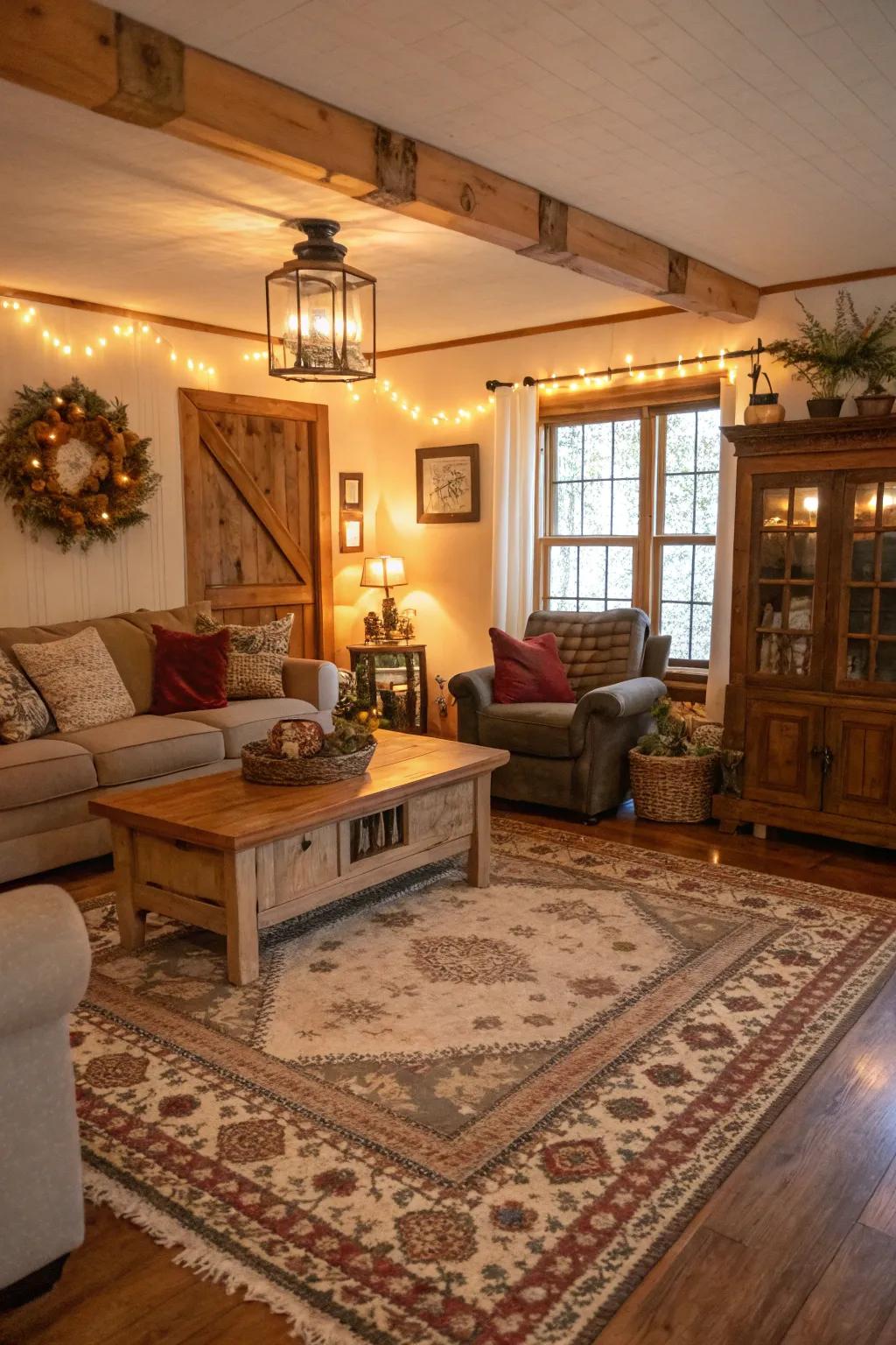 A comfortable rug anchors and warms this country house family room.