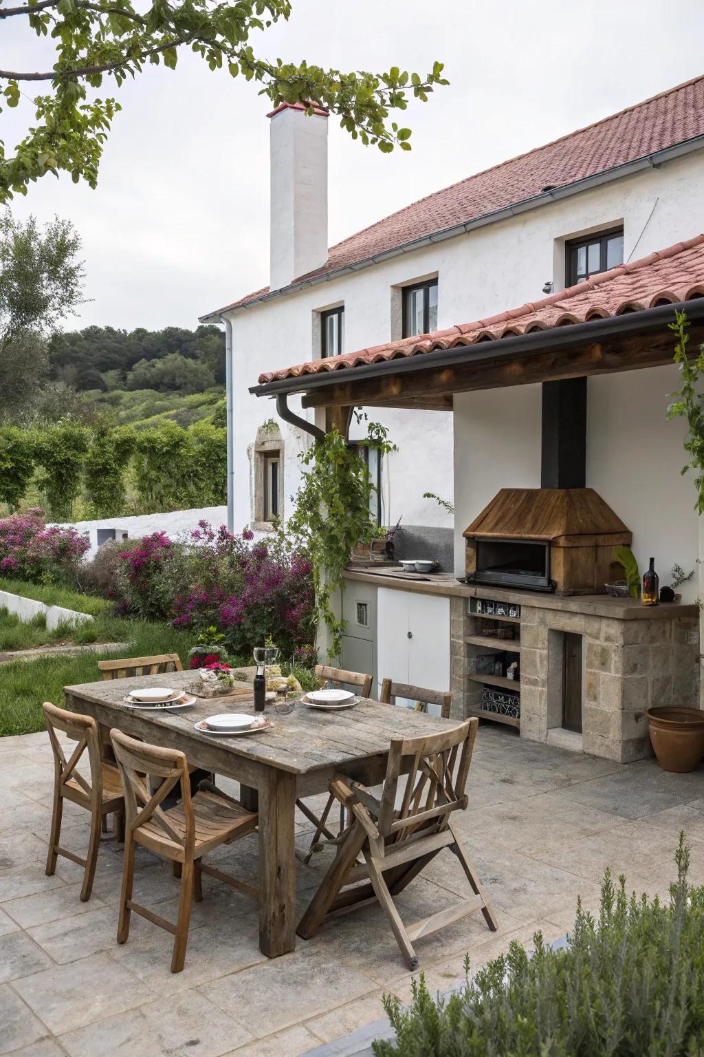 An outdoor kitchen enhances the farmhouse patio dining experience.