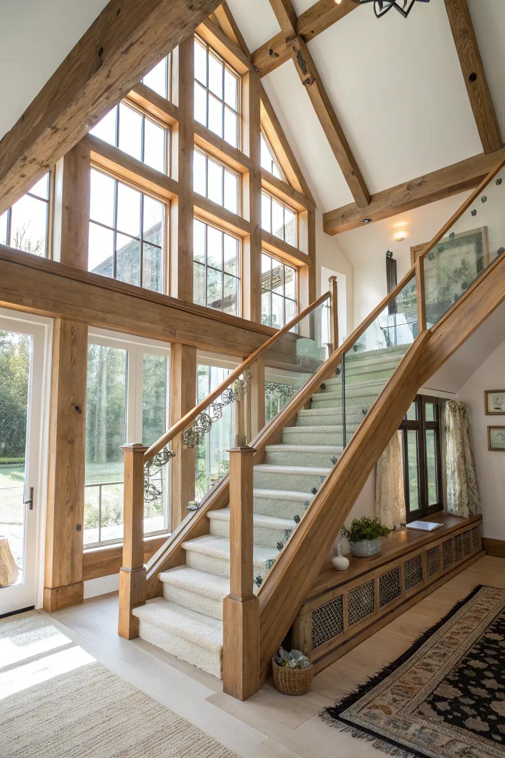 Openness is fused with warmth in glass and wood.