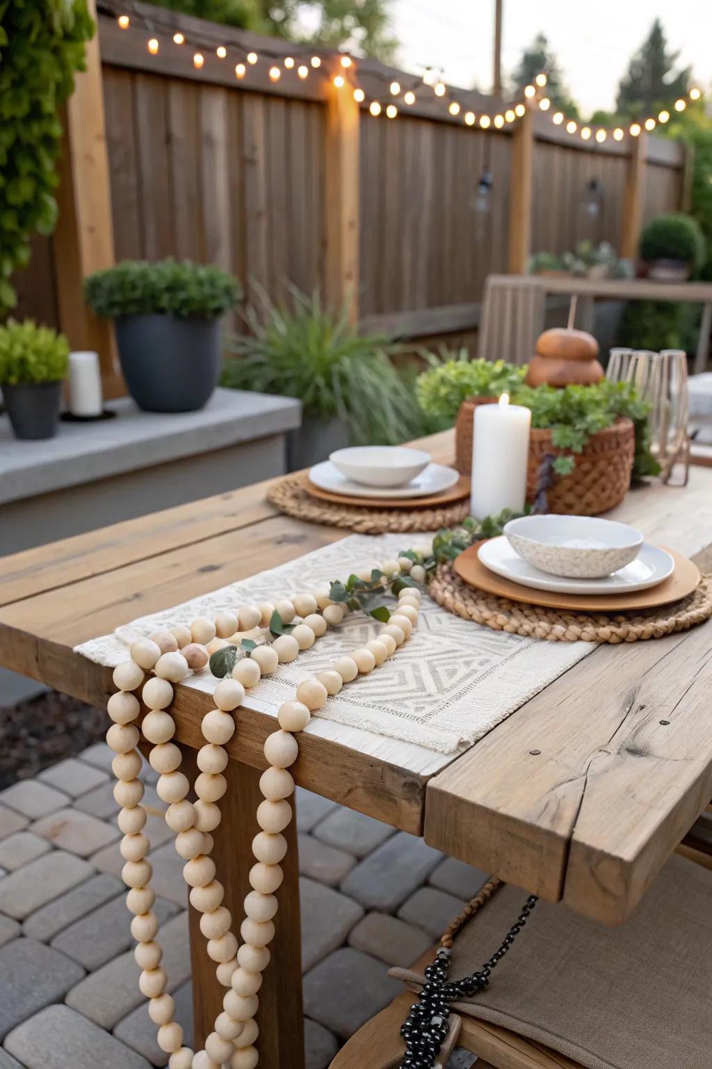 Outdoor space decorated with wood bead garland for a cozy atmosphere.