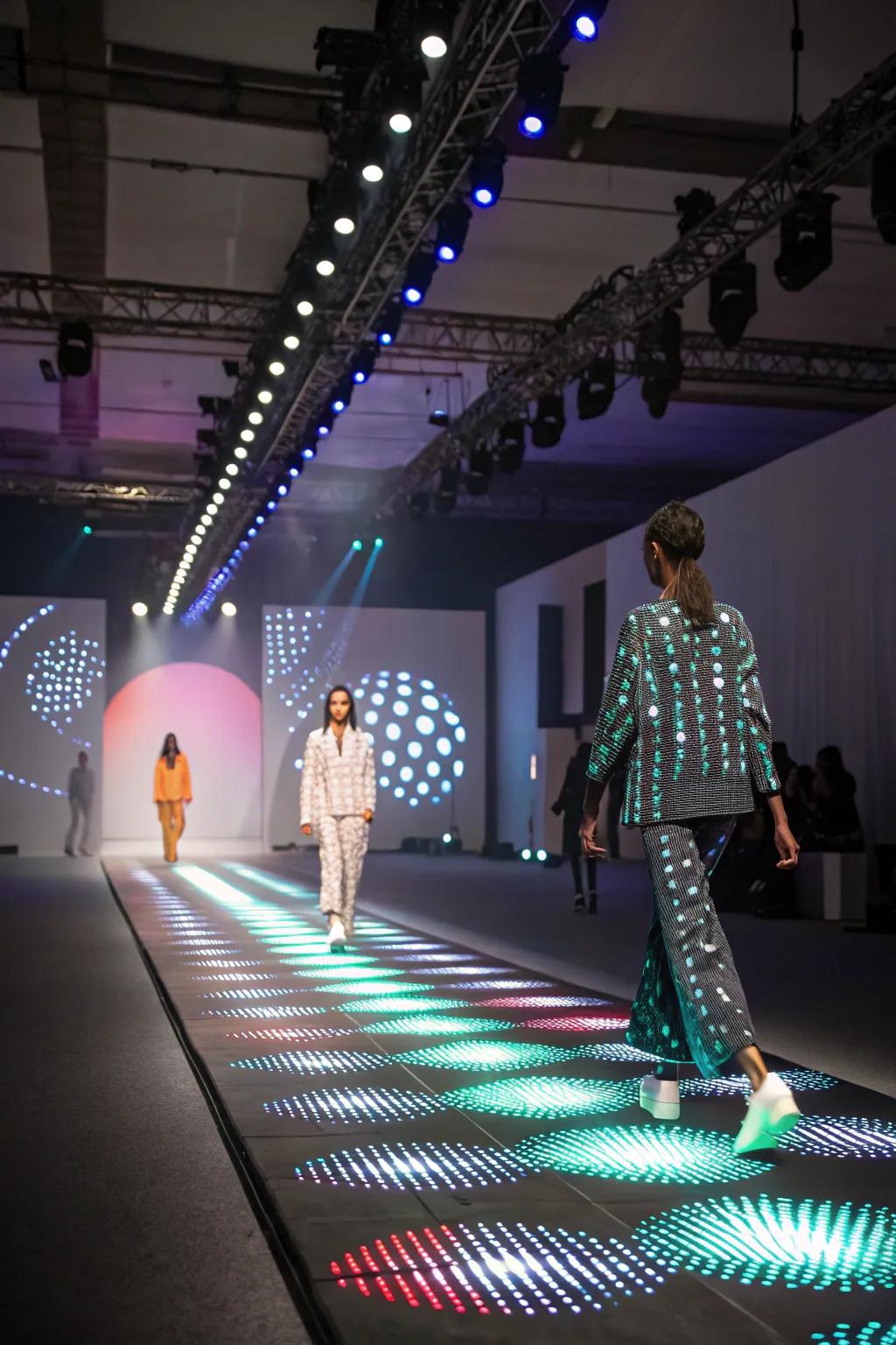 Interactive illumination installations create an immersive experience for the fashion show audience.