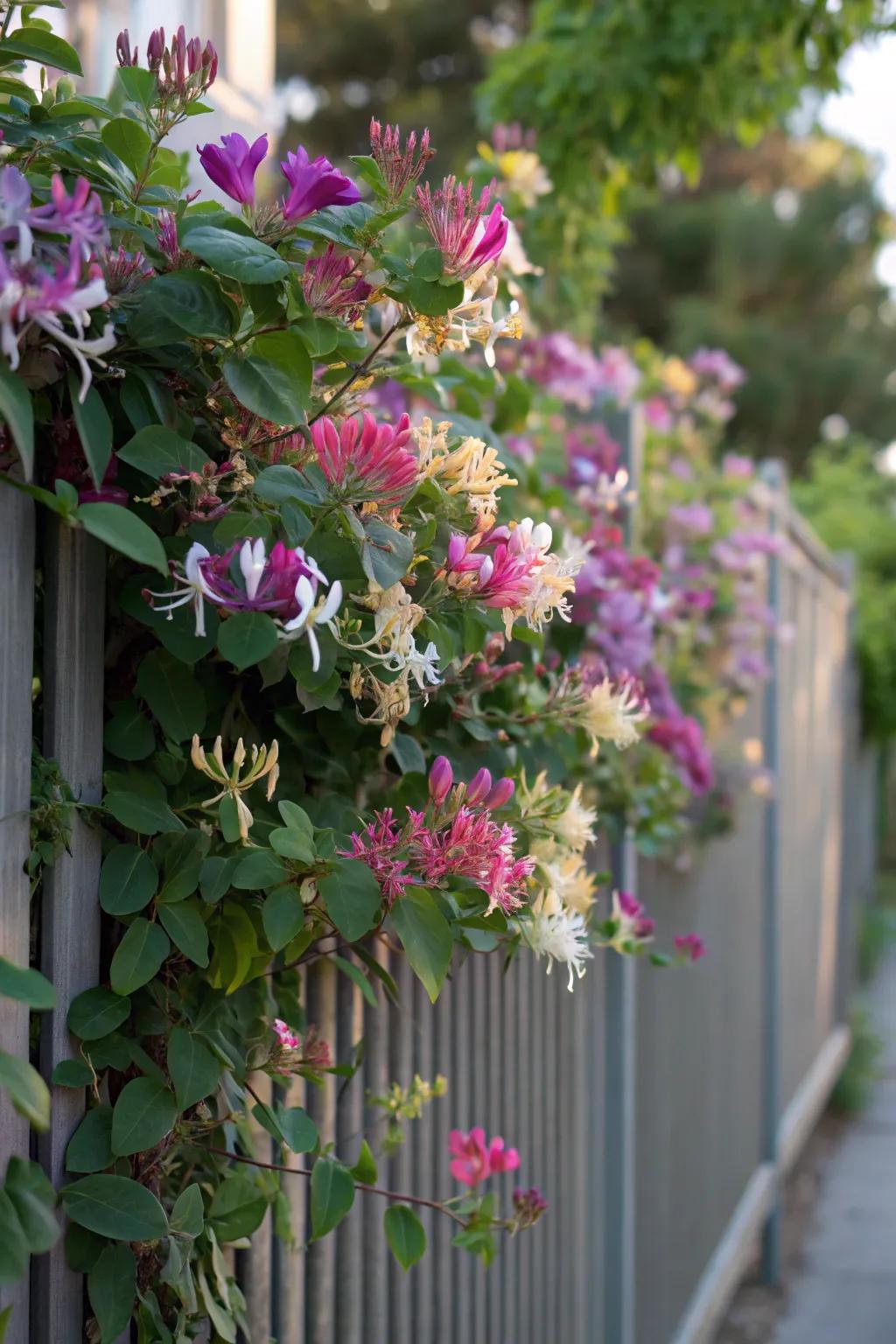 Blossoming vines inject vibrant tint and appeal into fences.