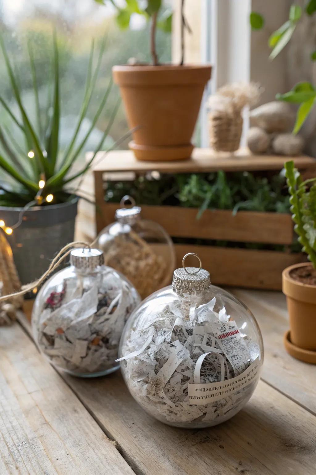 Eco-prudent ornaments exhibiting reprocessed constituents.