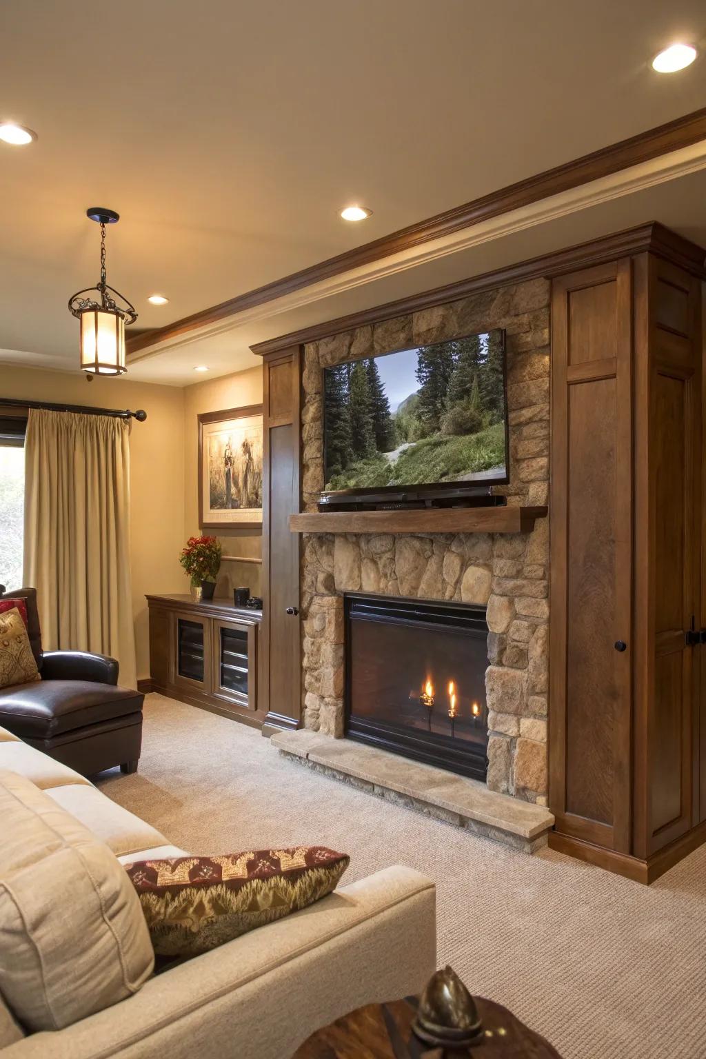 A concealed display solution keeps the fireplace area sleek and uncluttered.