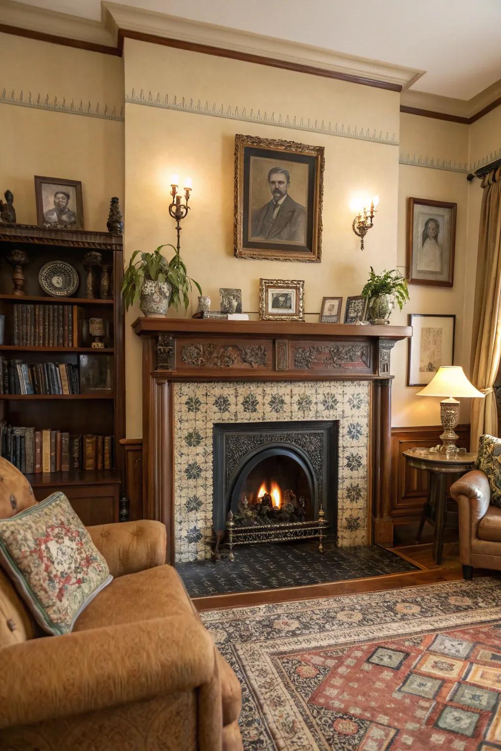 A vintage-inspired lounge featuring an antique-style central fireplace.