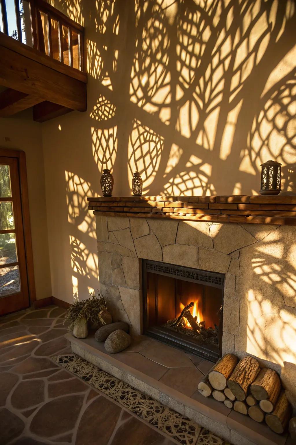 Shadow play adds an artistic touch to fireplace lighting.