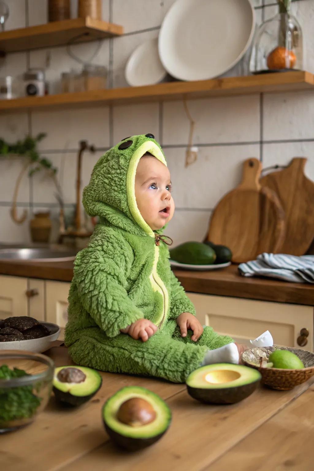 A quirky tropical fruit costume for a delightful inaugural Halloween.