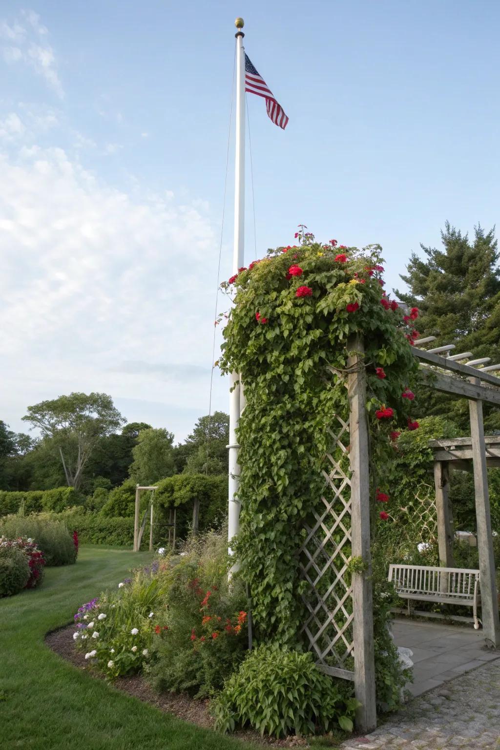 A vertical garden adds height and greenery to a freedom pole landscape.