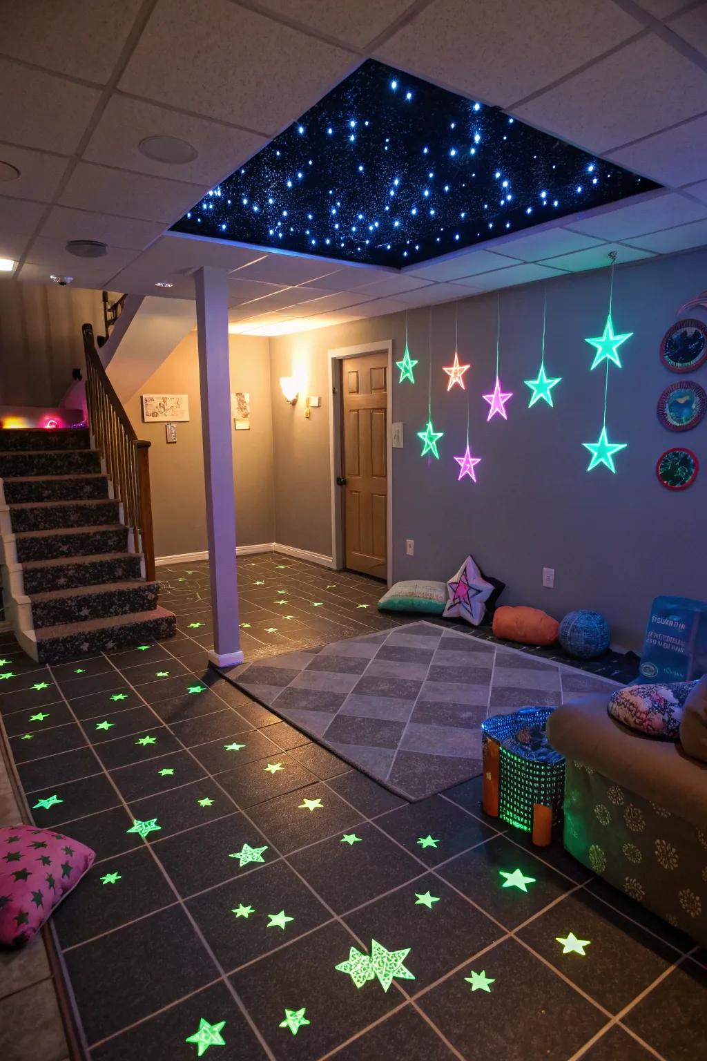 Glow-in-the-dark tiles add a magical touch to your basement.