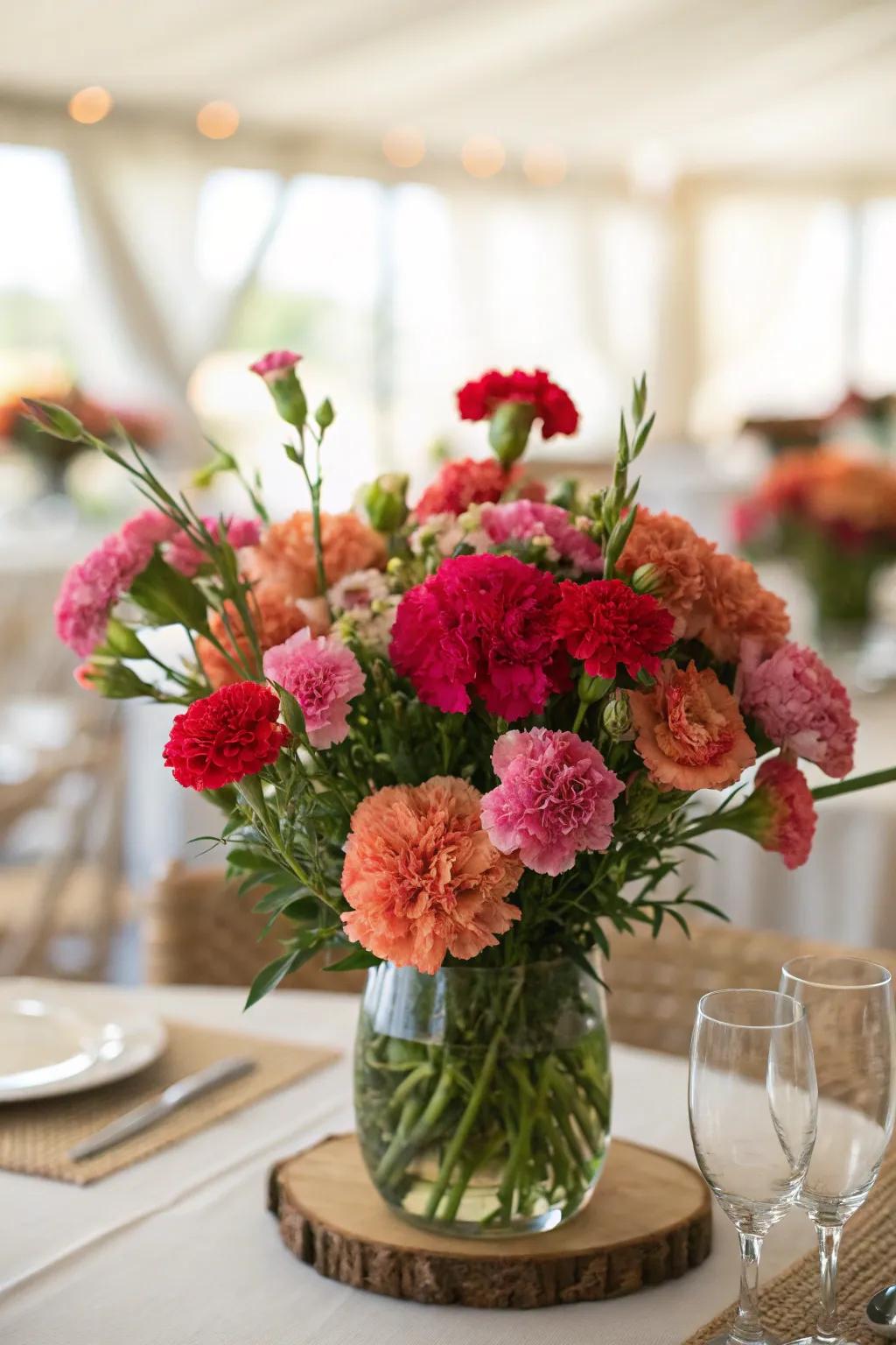 A floral centerpiece featuring carnations on a table.