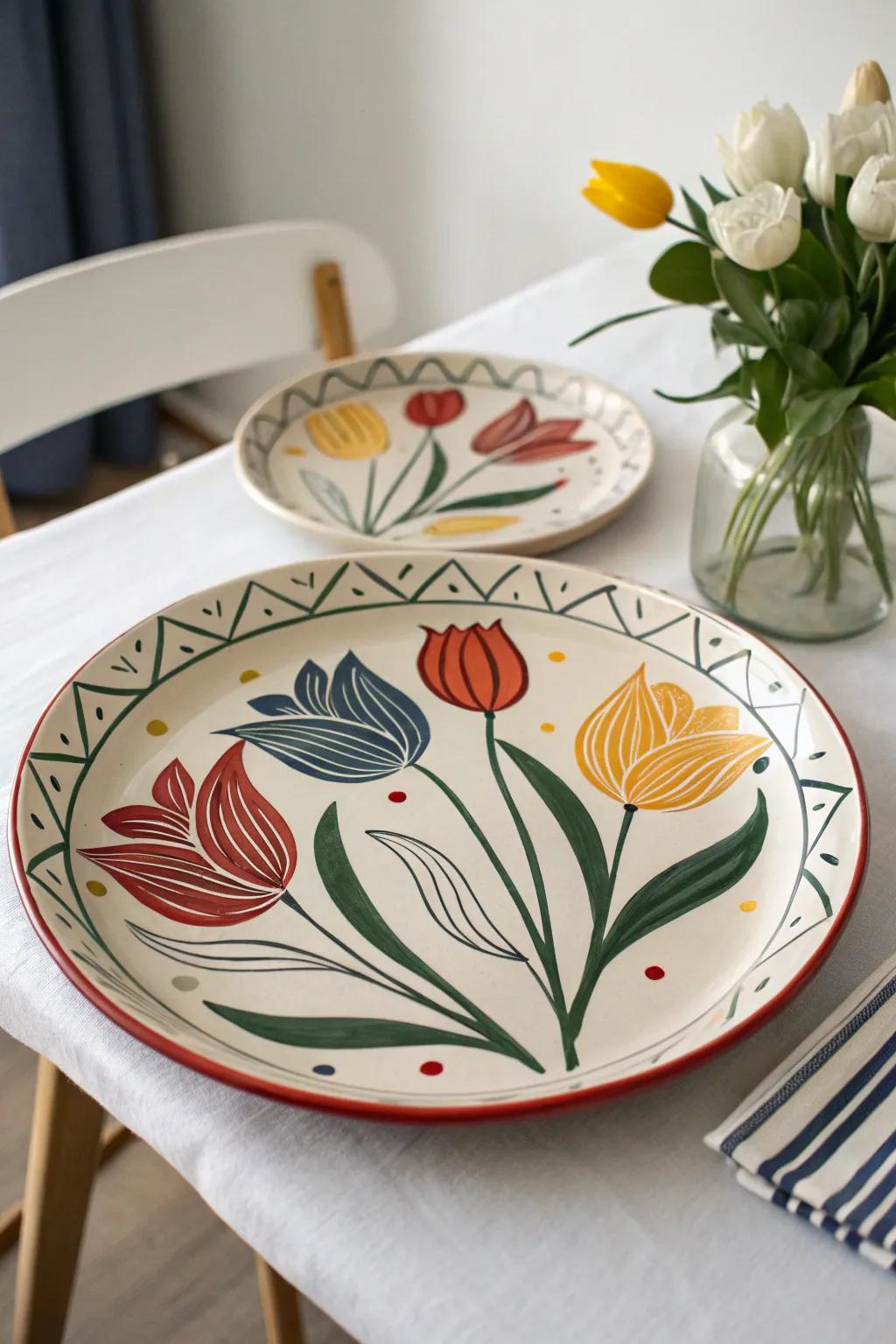 Stylized tulips contribute a modern and striking touch to your plate layouts.