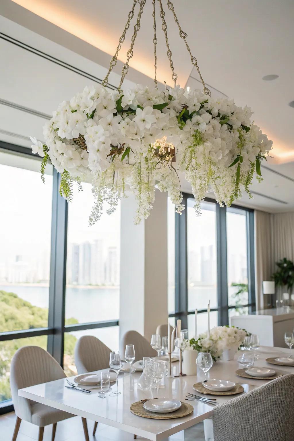 A pale floral chandelier making a show-stopping statement.