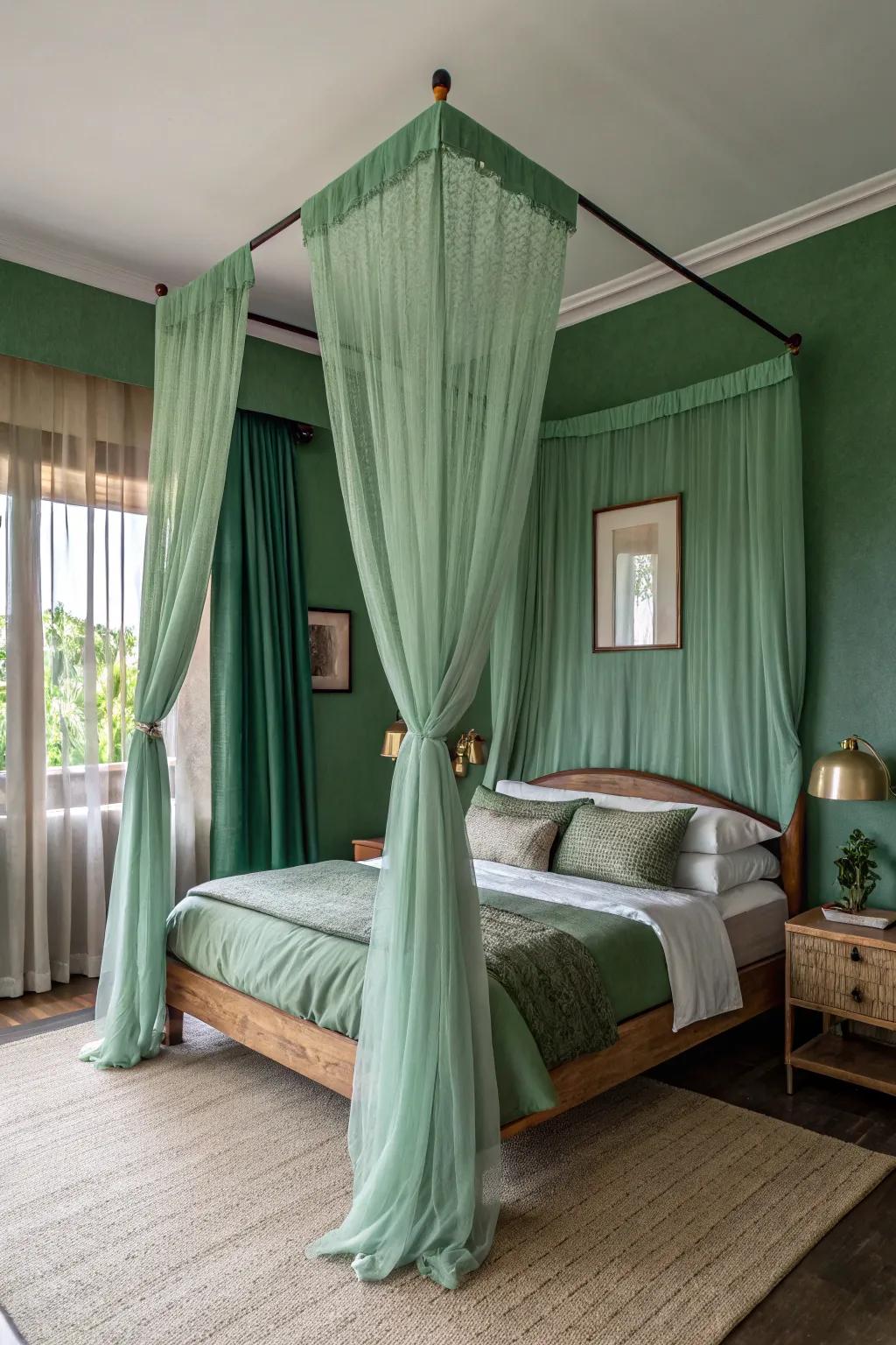 A green canopy bed adds luxury and coziness to your bedroom.