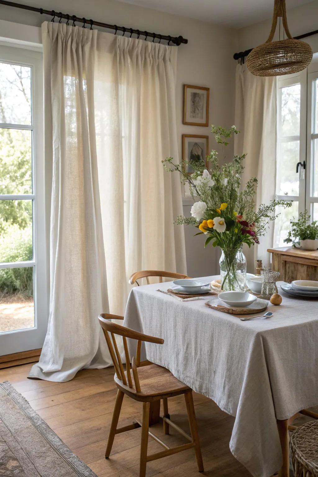 Bed linen curtains bring a natural, ventilated feel to this dining room.