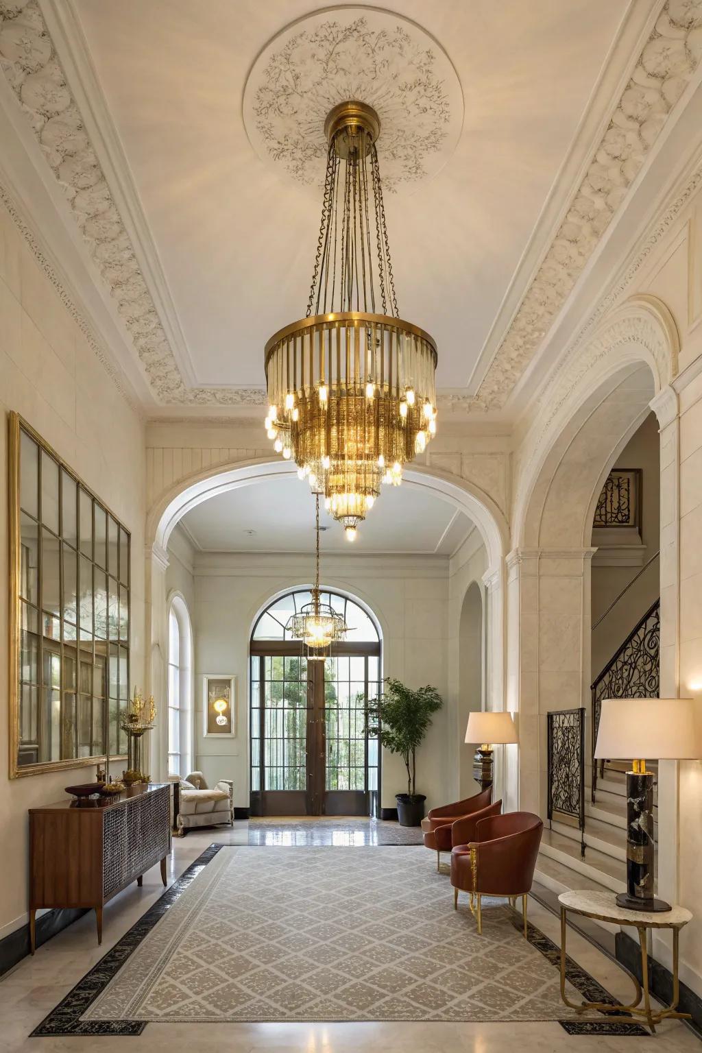 A mid-century modern chandelier adds retro charm to this stylish foyer.
