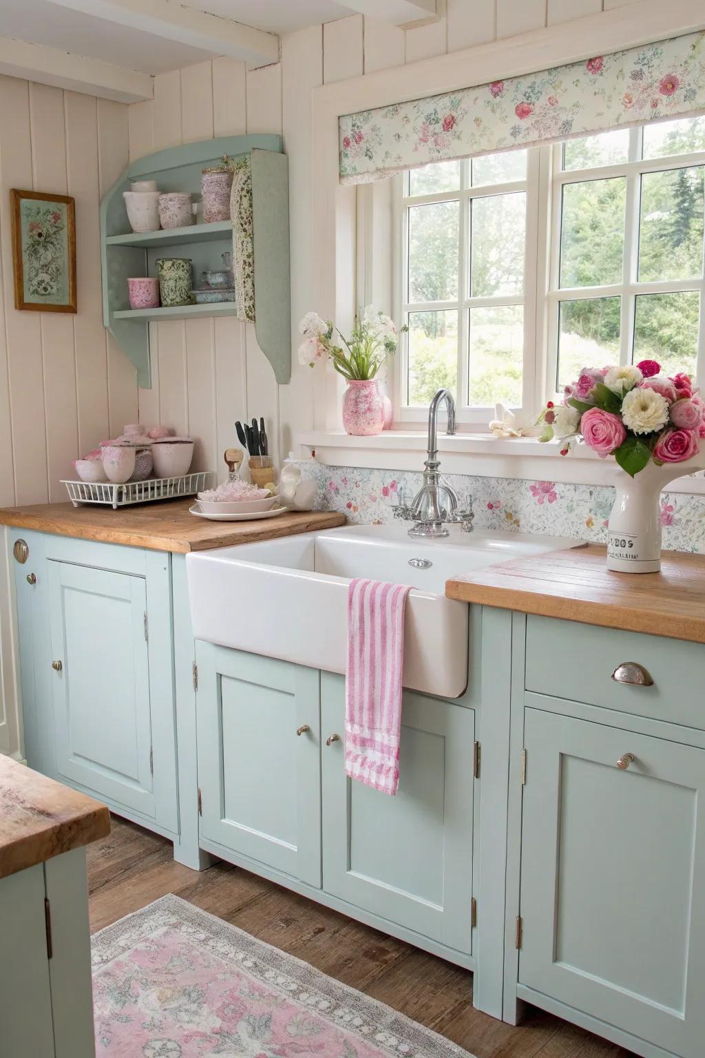 A cottage-style kitchen featuring soft pastel hues and a charming stand-alone sink.