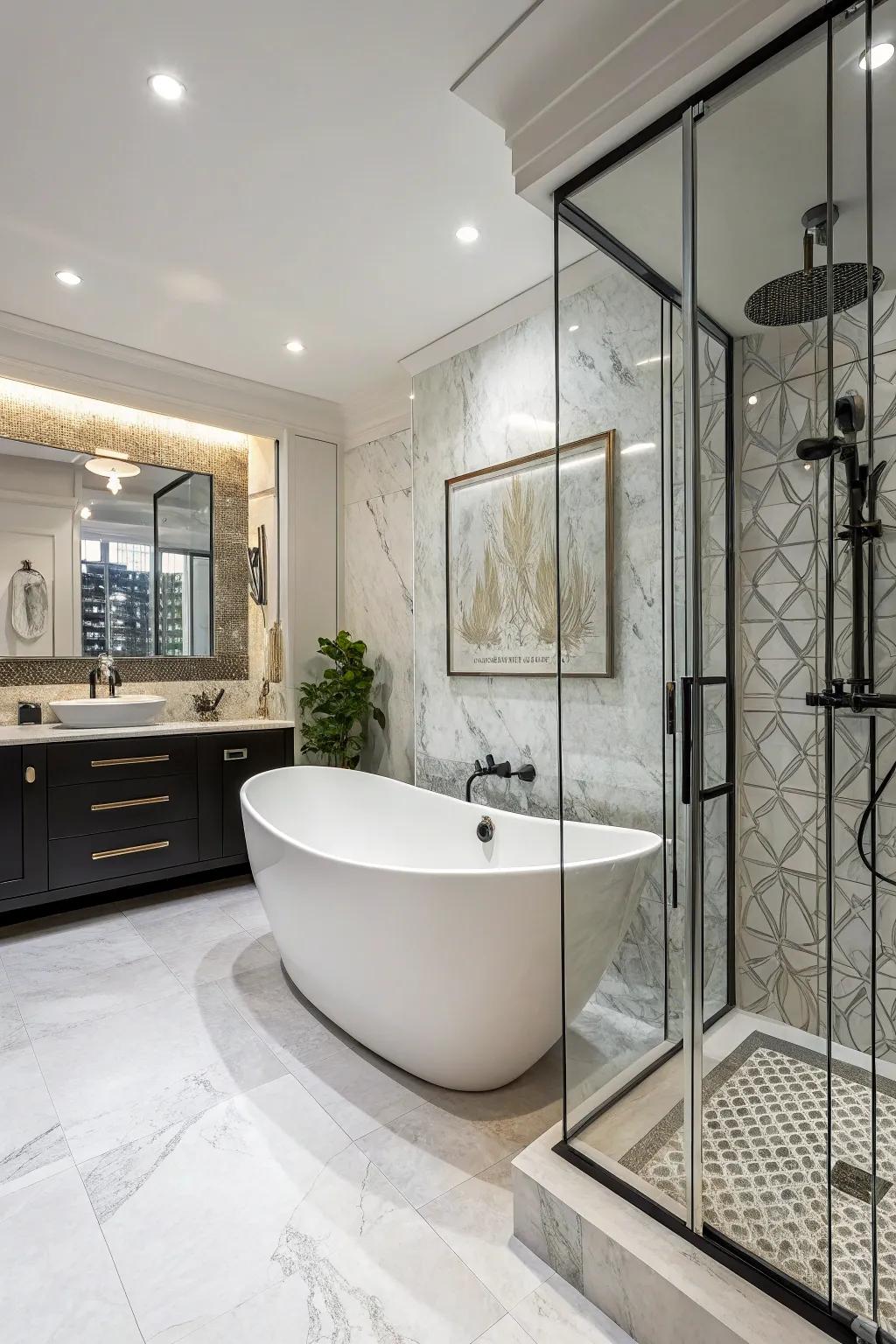 A bathroom where the tub and shower are treated as practical artwork.