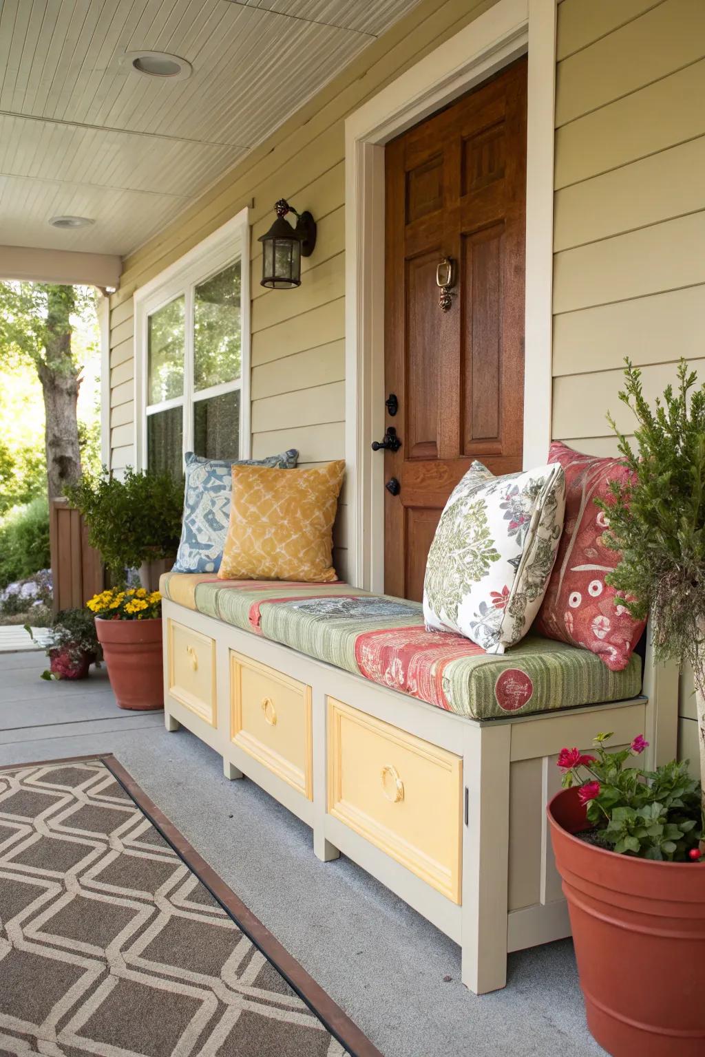 A storage bench with ornamental pillows on a front porch.