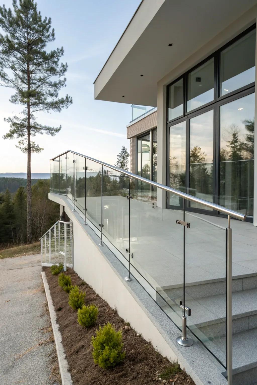 Lucid polymer railings offer a futuristic and minimalist appeal.