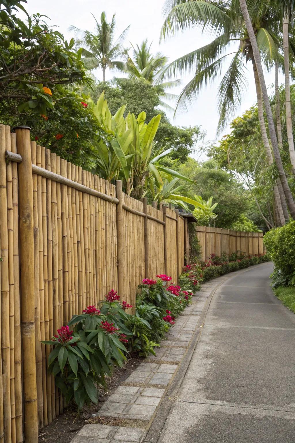 An exotic bamboo fence adds a hint of paradise to this tranquil driveway setting.