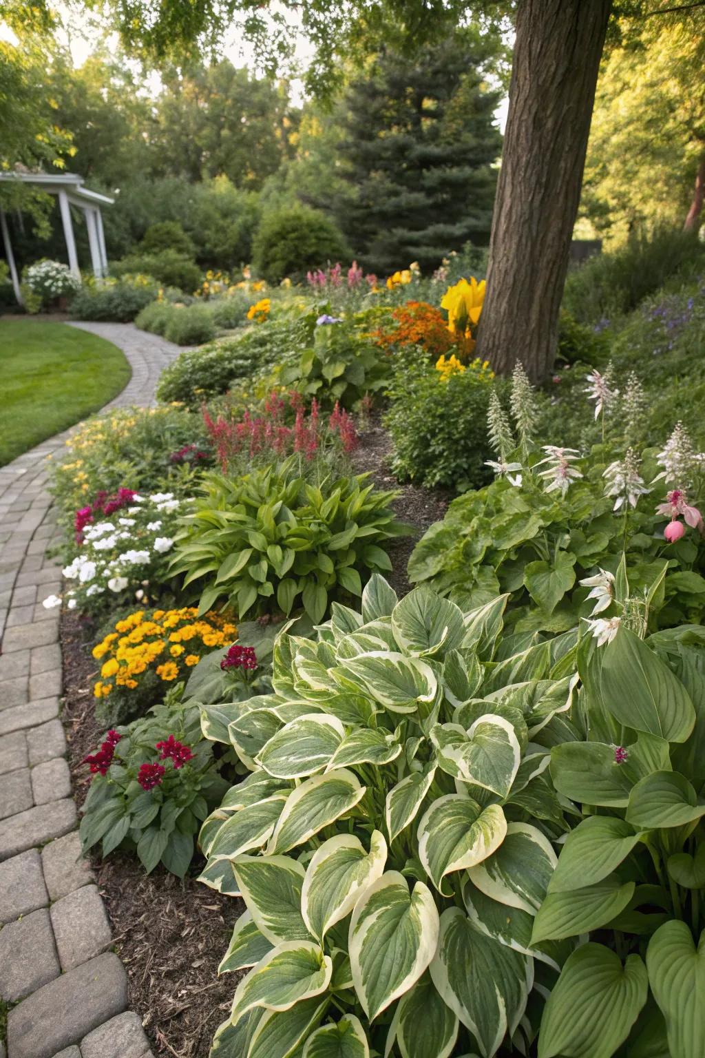 Hostas paired with seasonal plants create dynamic highlights.