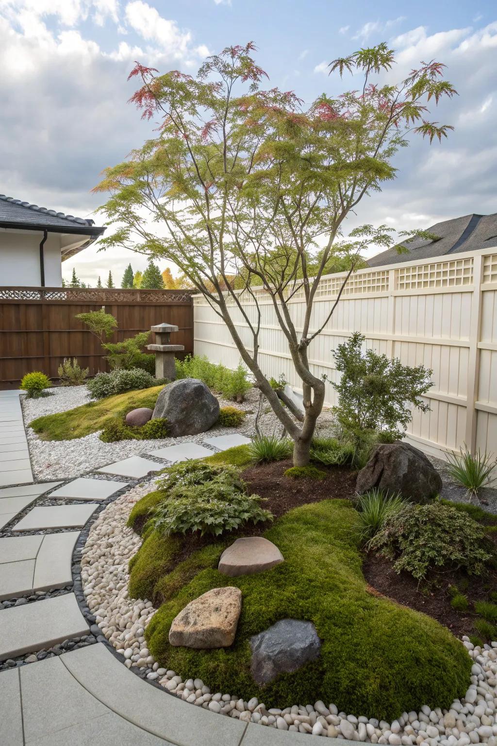 Featuring a Japanese maple, a zen garden area in the front yard provides a tranquil haven.