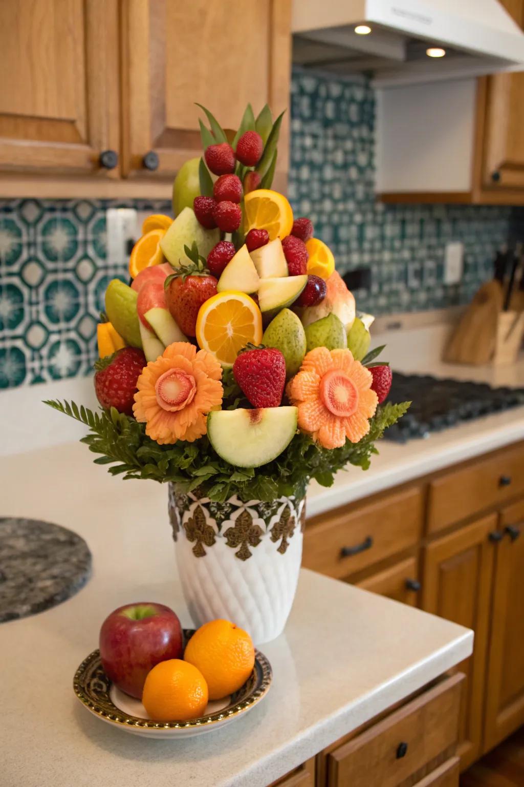 Fruit sets styled as blossoms make for an edible and elegant decoration.