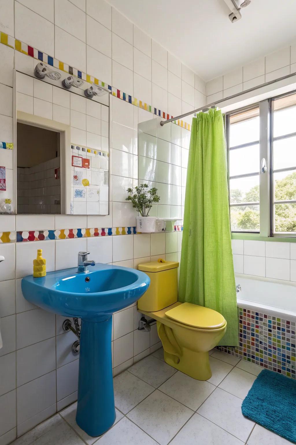 Colorful fixtures add a unique, personal touch to the bathroom.