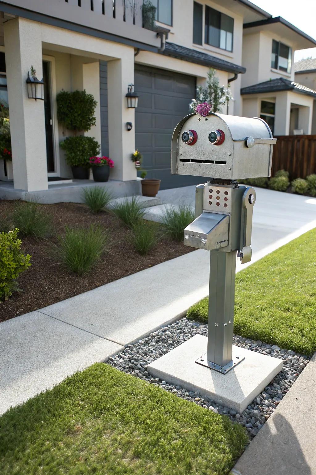 A mechanoid letterbox that introduces a touch of futuristic flair.
