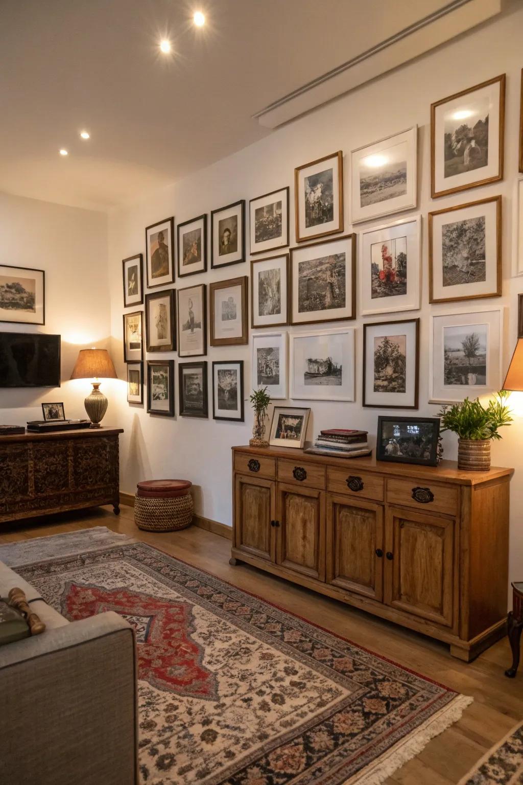 Vintage vibes with antique frames adding nostalgia.