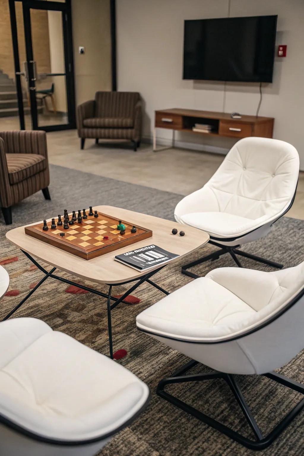 Simple ground chairs offer flexible seating for small game rooms.