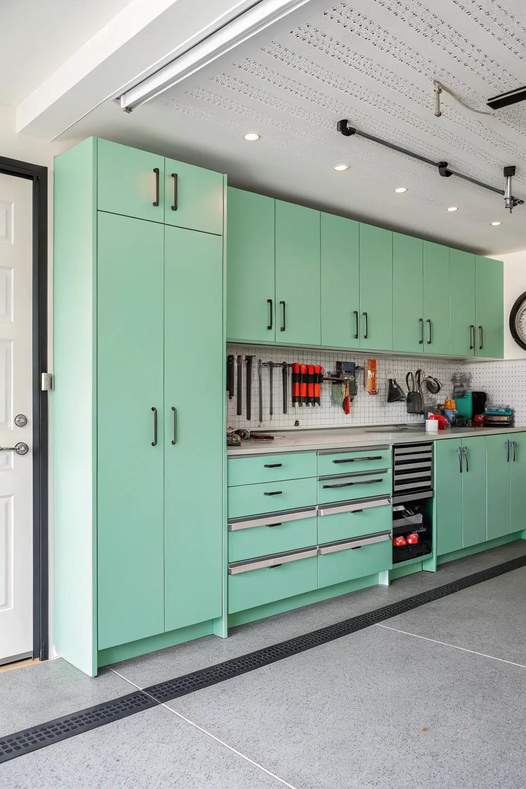 Spearmint cabinets rejuvenate and invigorate the space.