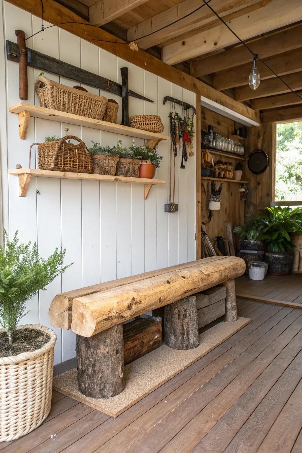 A rustic log bench conveys the warmth of nature into your garage.