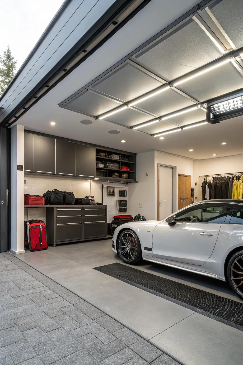 A roof extension with concealed storage solutions retains the garage arranged.