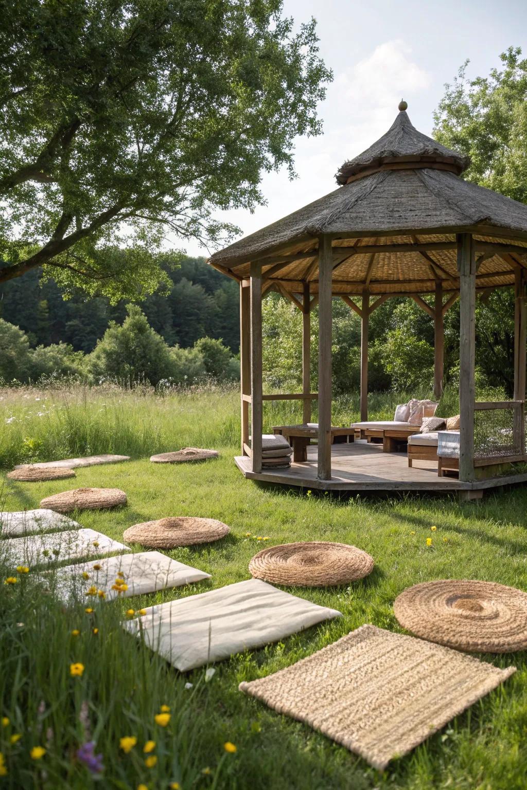 Woven grass mats offer a tactile, natural extension of the grassy surroundings.